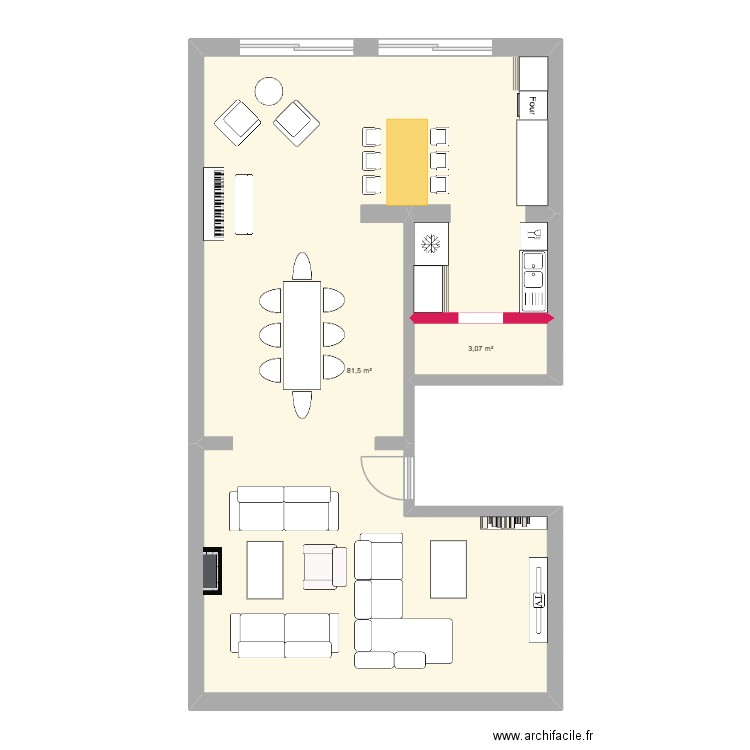 Plan future cuisine avec salons. Plan de 2 pièces et 85 m2
