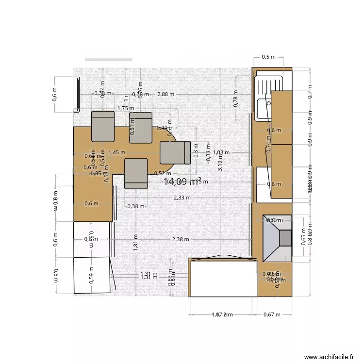CuisineBis. Plan de 1 Pièce et 14 m²