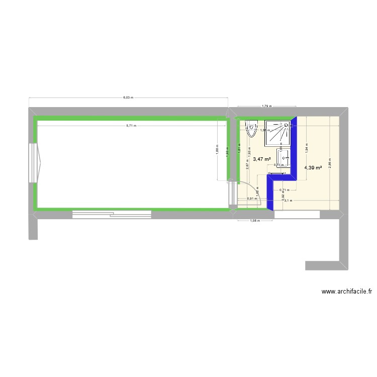 ROUSSEAU. Plan de 2 pièces et 8 m2