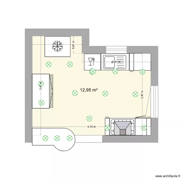 Cuisine plan eclairage. Plan de 1  et 13 m²