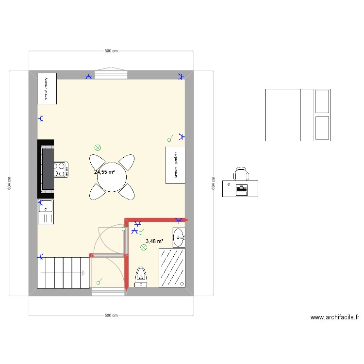 Gite. Plan de 2 pièces et 28 m2