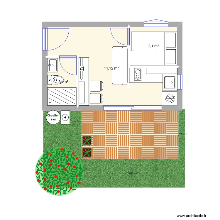 Bungalow 20m2. Plan de 3 pièces et 17 m2