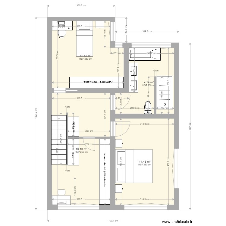 Etage sans annexe avec surfaces et cotation salle de bain V3. Plan de 0 pièce et 0 m2