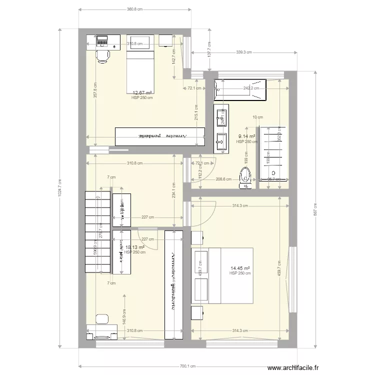 Etage sans annexe avec surfaces et cotation salle de bain V3. Plan de 