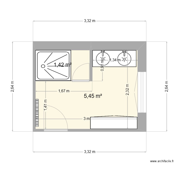 salle de bain 1. Plan de 2 pièces et 7 m2