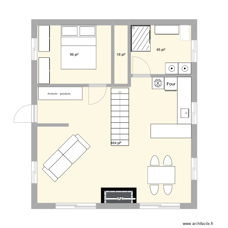 maison  escalier milieu. Plan de 4 pièces et 54 m2