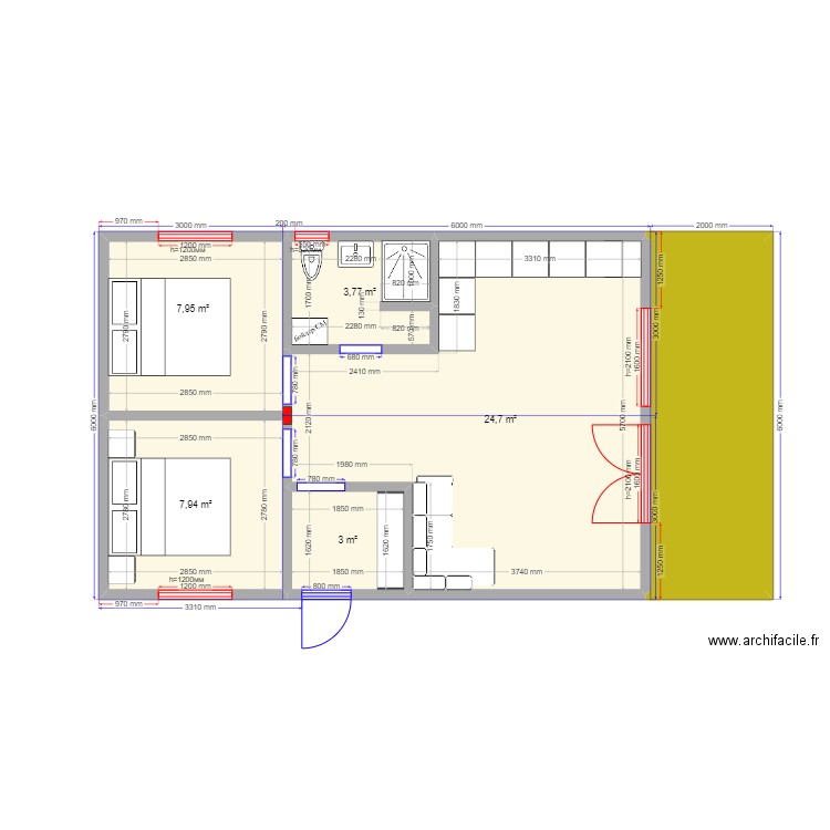 54 ст Семхоз. Plan de 6 pièces et 58 m2