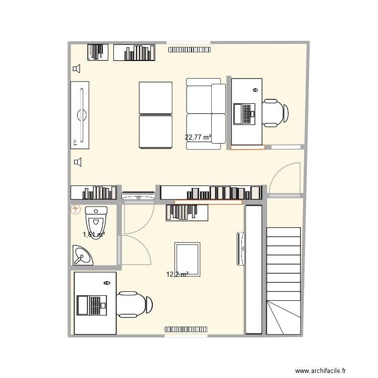 2 bureaux meubles neufs + existants accès garage. Plan de 3 pièces et 37 m2