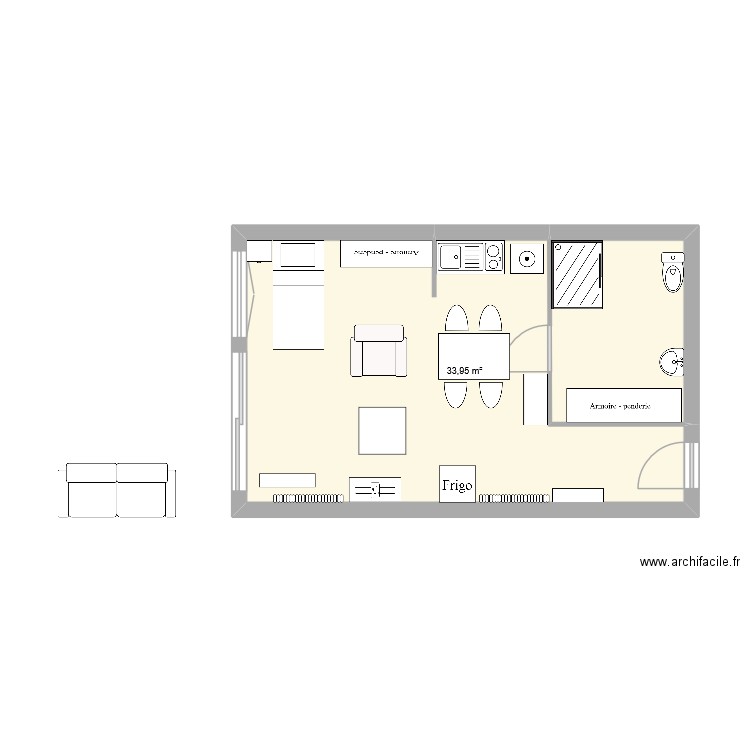 studio. Plan de 1 pièce et 34 m2