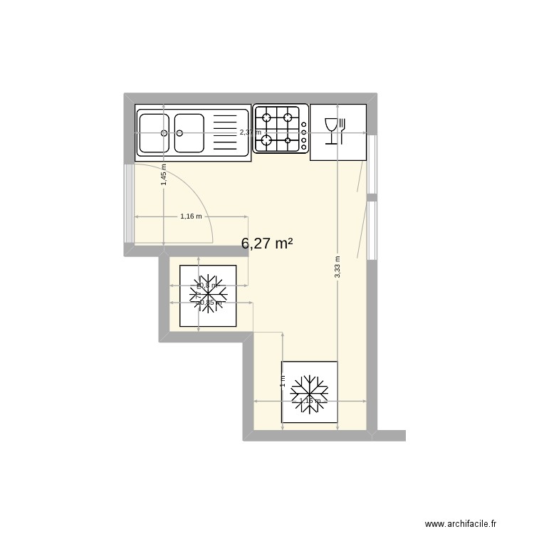 cuisine. Plan de 1 pièce et 6 m2