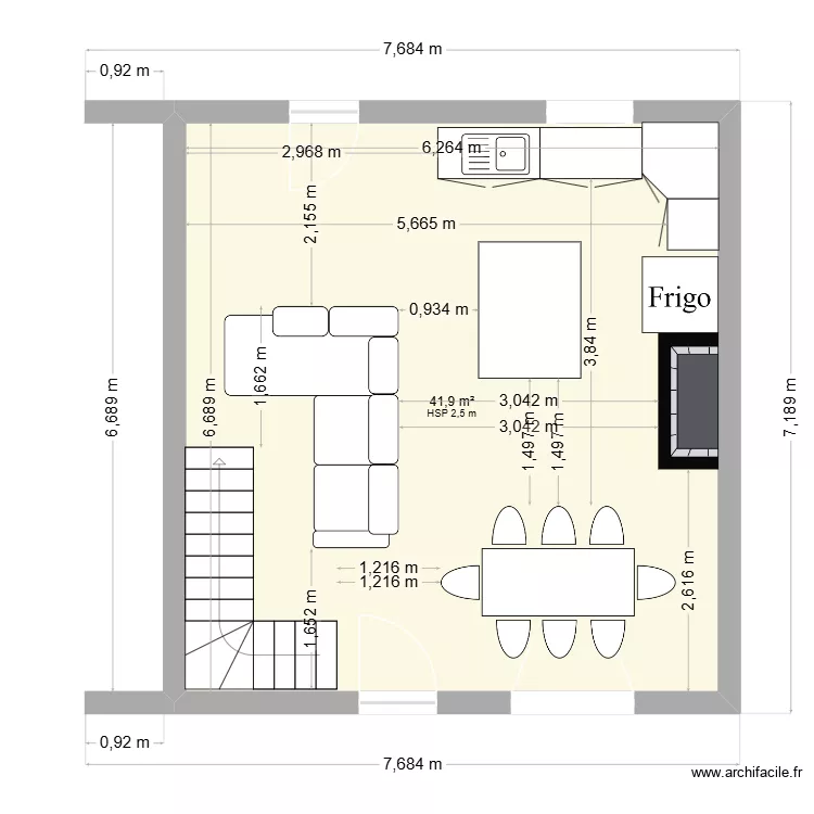 cuisine. Plan de 1  et 42 m²