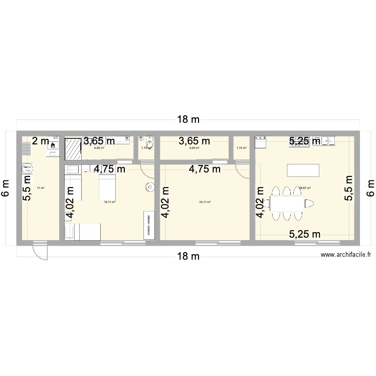 piece. Plan de 8 pièces et 90 m2