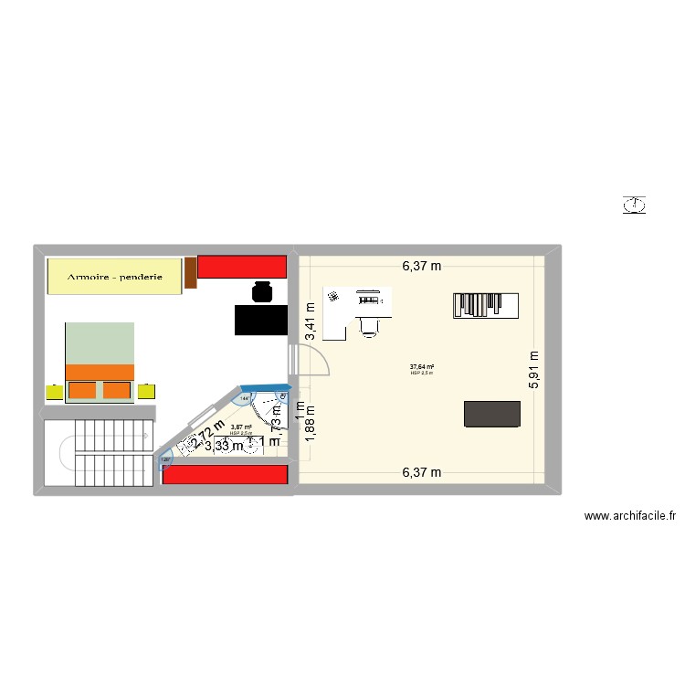 combles coté E. Plan de 2 pièces et 42 m2