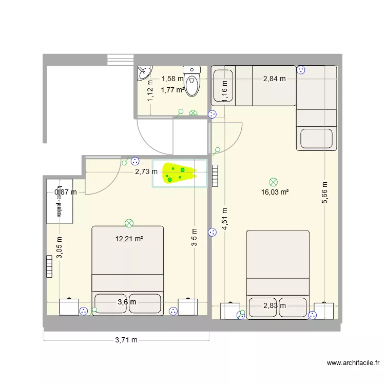 1er plateforme. Plan de 3 Pièces et 30 m²