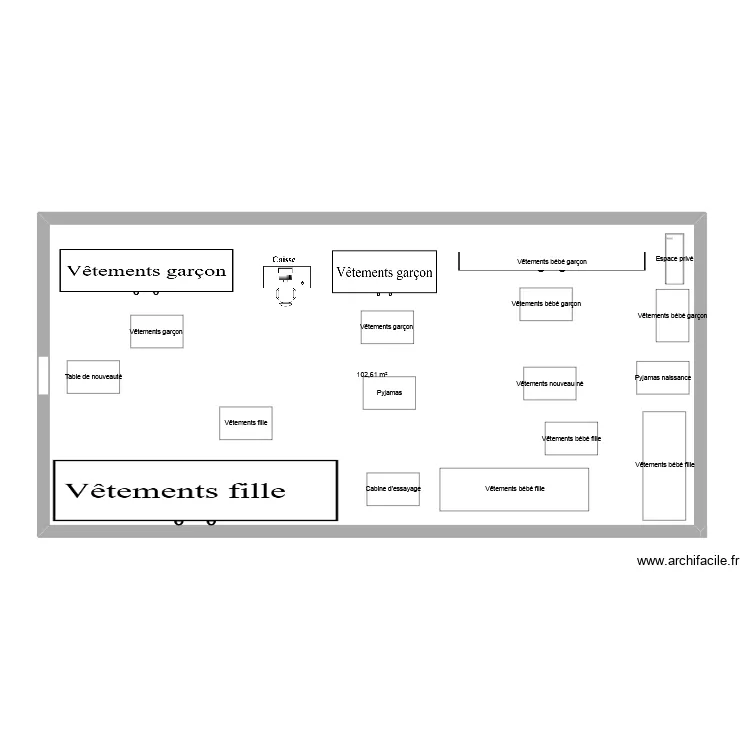 Plan du magasin. Plan de 1  et 103 m²