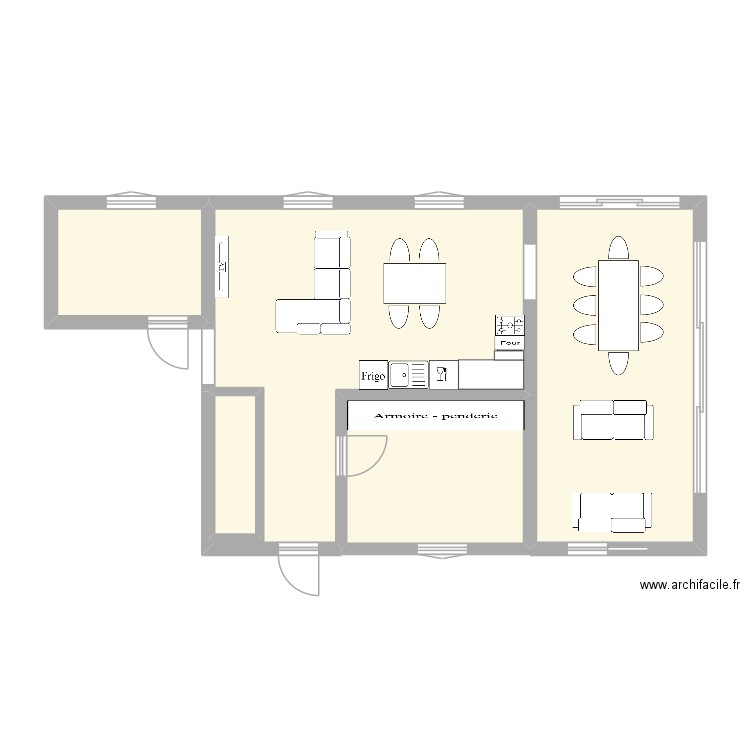 RDC. Plan de 5 pièces et 65 m2