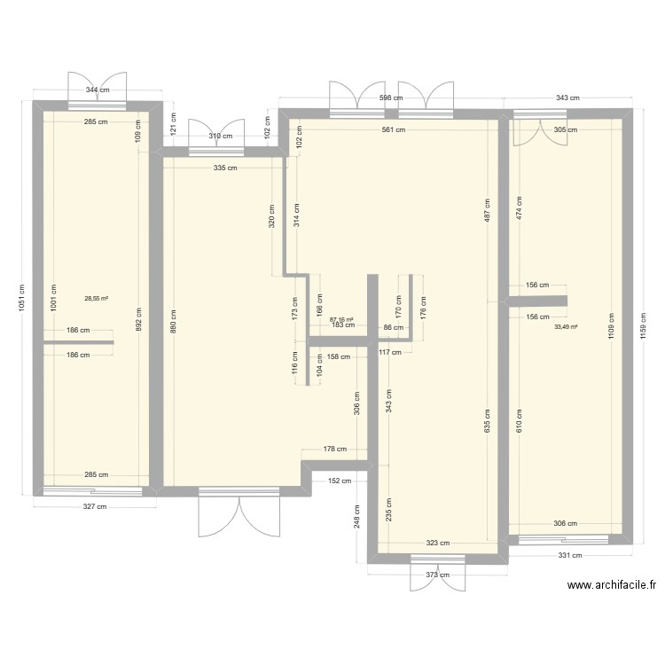 Roche 3 actuel. Plan de 3 pièces et 149 m2