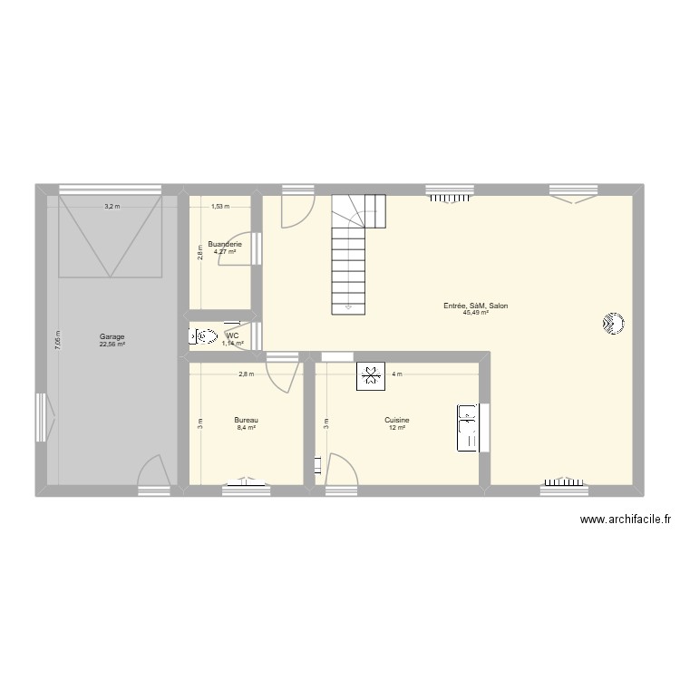 Maison - RDC. Plan de 6 pièces et 94 m2