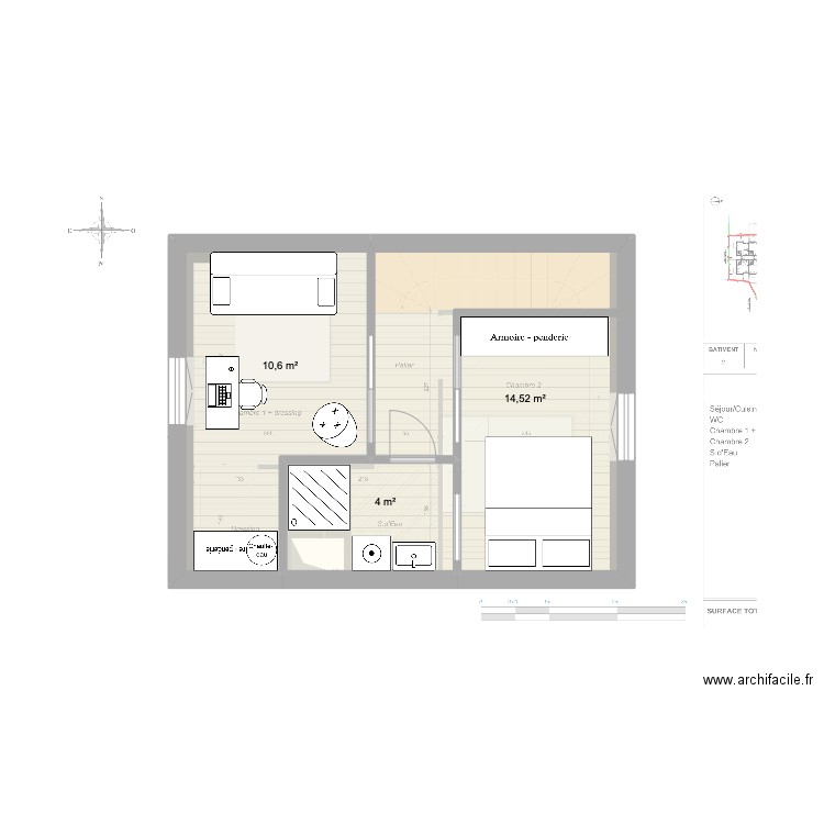 Chambre Laca. Plan de 3 pièces et 29 m2