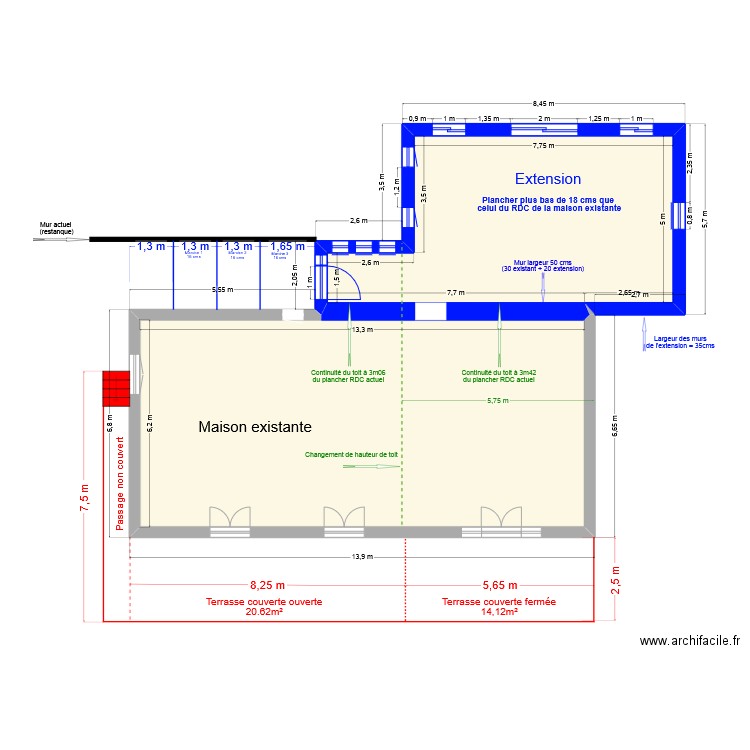 Extension - Sans terrasse + extérieur 4 - sans escalier + Fenètres. Plan de 2 pièces et 125 m2