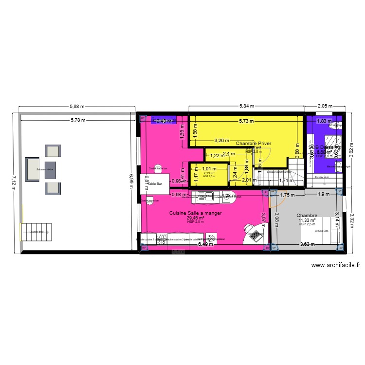 Aménagement étage. Plan de 5 pièces et 67 m2