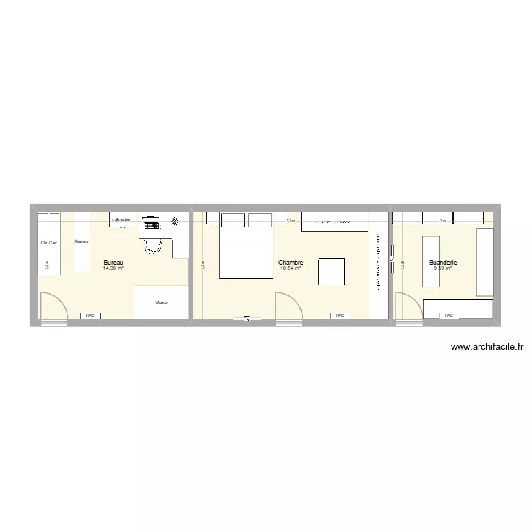 extension 2. Plan de 3  et 43 m²