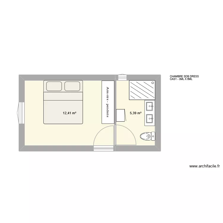 CHAMBRE SDB DRESS MARIE SEB. Plan de 2 Pièces et 18 m²
