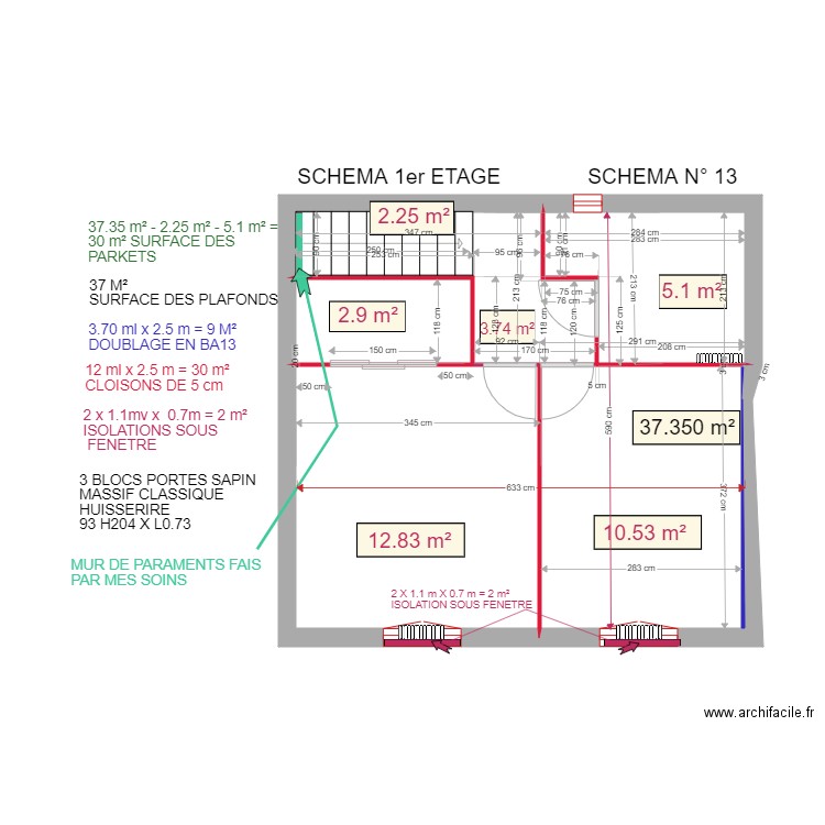 PLAFONDS 1ER ETAGE. Plan de 5 pièces et 36 m2