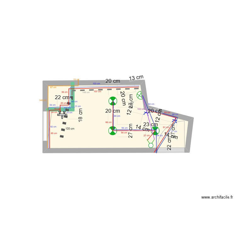 SDD 1er plomberie elec. Plan de 1 pièce et 4 m2