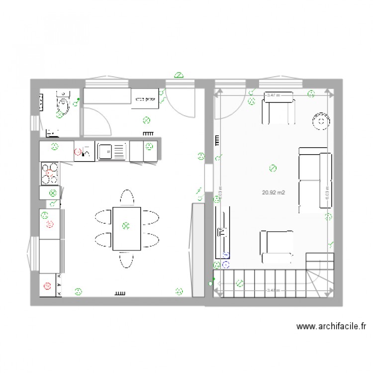 lesalleux. Plan de 1 pièce et 21 m2