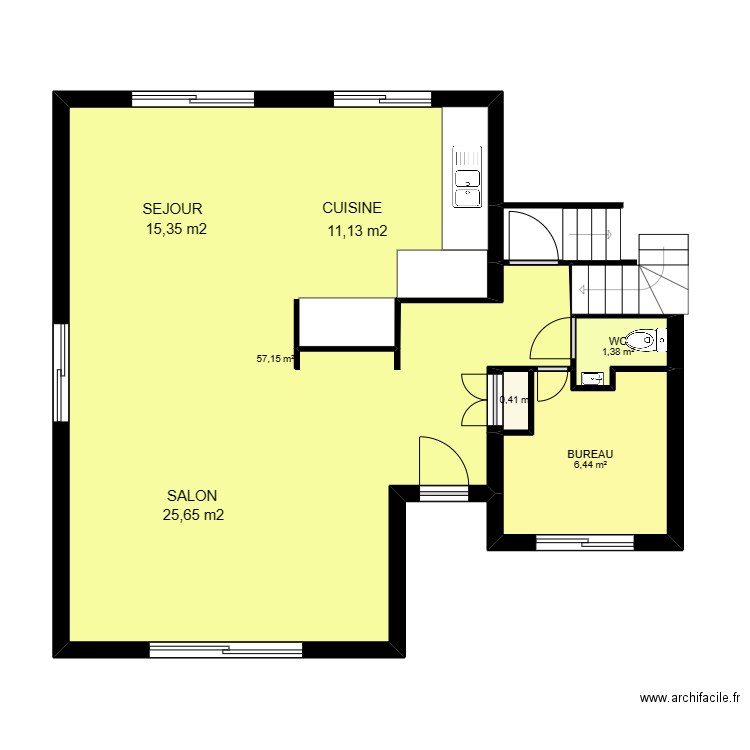 PARTIE JOUR. Plan de 4 pièces et 65 m2