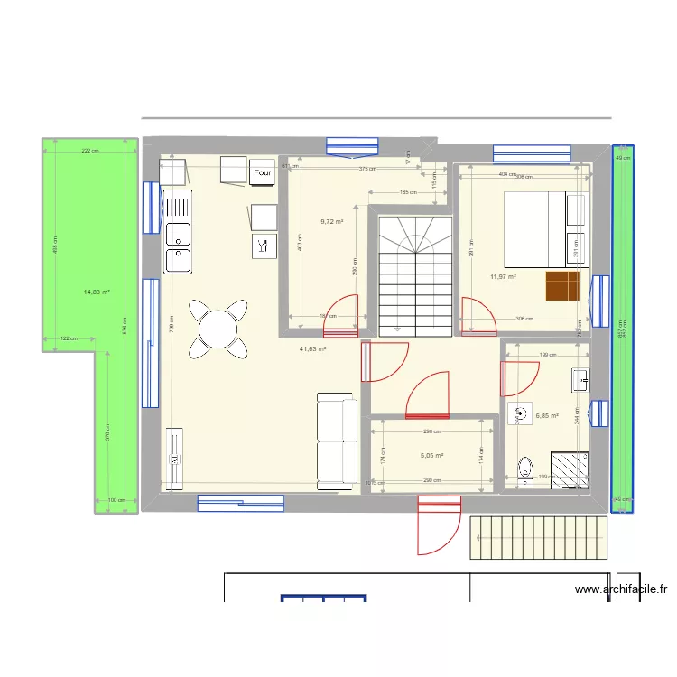 Variante 3.5 pi&egrave;ces 11x9m chambres au Nord . Plan de 
