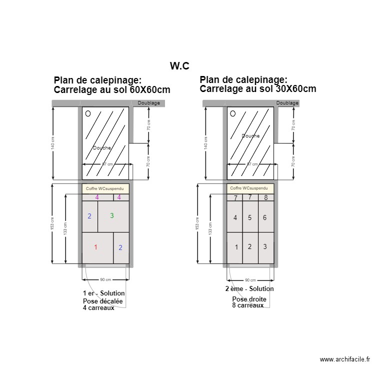 Plan de calepinage du carrelage au sol 60X60 des WC . Plan de 2 pièces et 3 m2