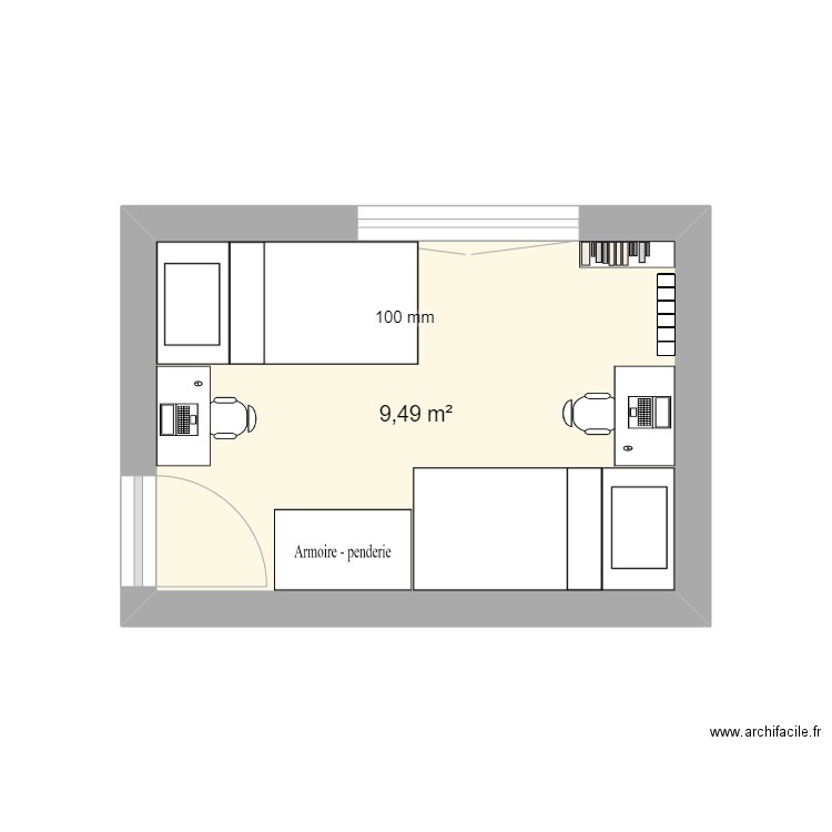 chambre. Plan de 1 pièce et 9 m2