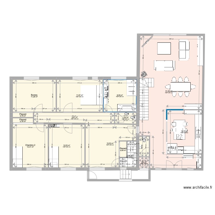 RDC et étage 1 réaménagé. Plan de 15 pièces et 151 m2