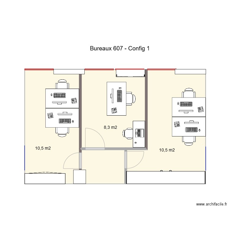 Bureaux 607 Config1. Plan de 2 pièces et 34 m2