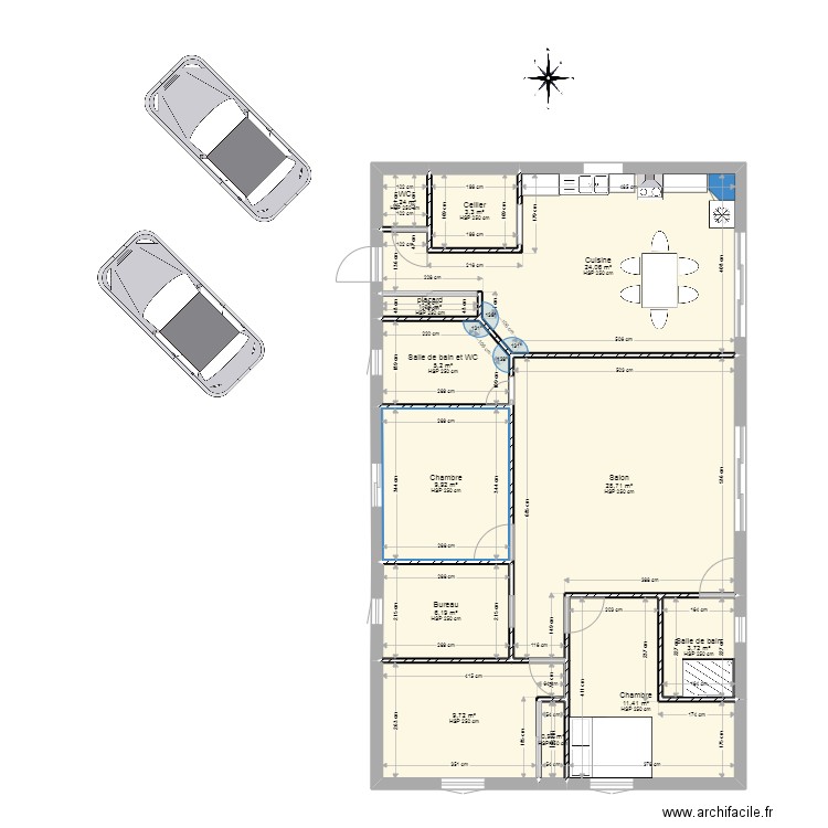 Une baraque pas trop grande (chambre en L). Plan de 12 pièces et 105 m2
