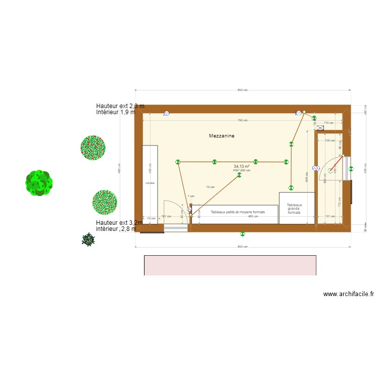 porcherie avec dimensions mezzanine 2. Plan de 1 pièce et 34 m2