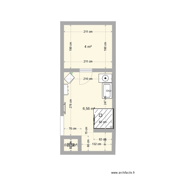 SDB RCh. Plan de 3 pièces et 11 m2