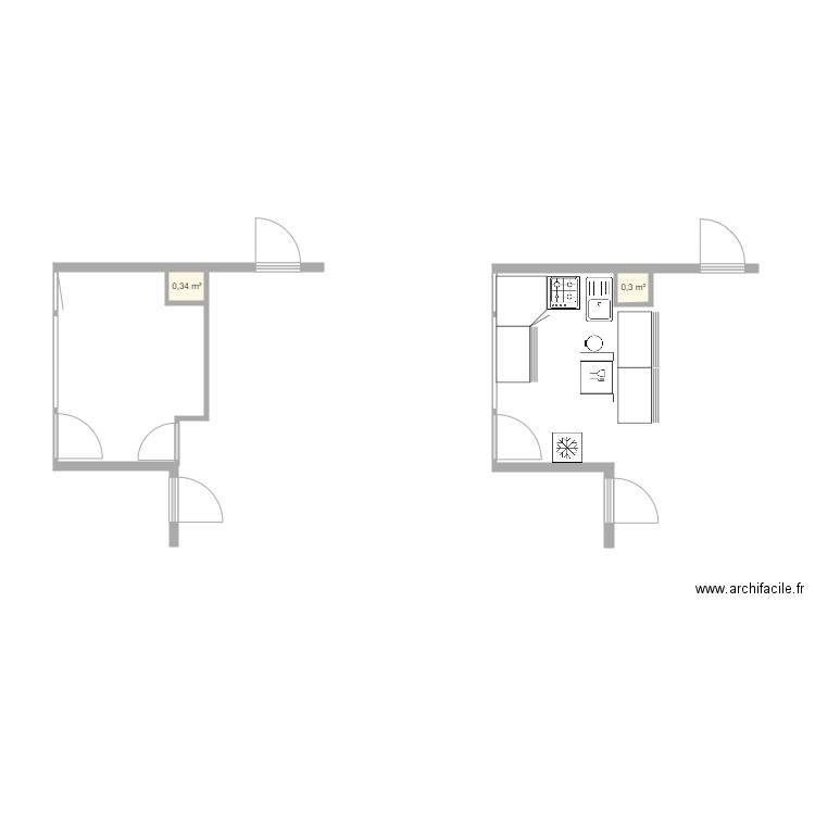 cuisine . Plan de 2 pièces et 1 m2