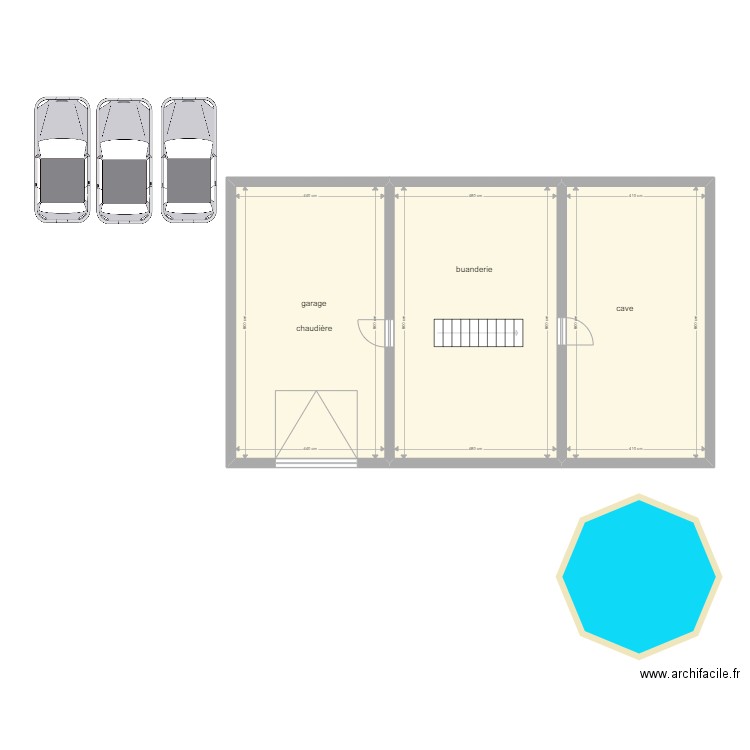 sous sol. Plan de 3 pièces et 106 m2