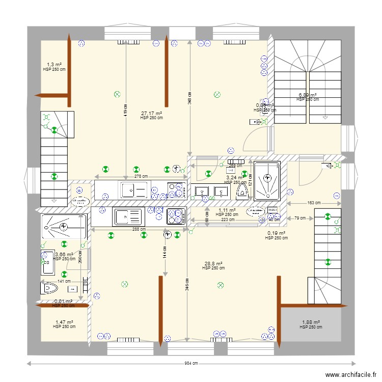 R2 et R3 Plan élec et plomberie. Plan de 14 pièces et 105 m2