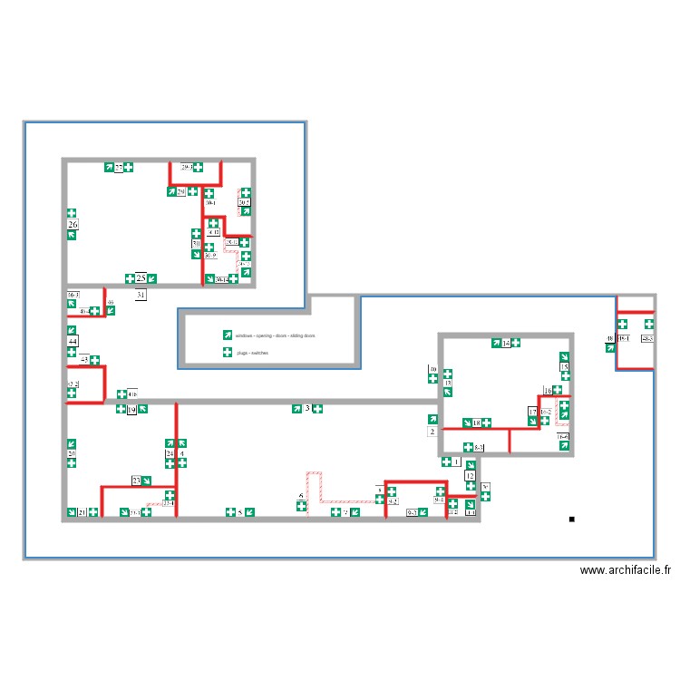 Permsub wall with plugs and openings. Plan de 23 pièces et 493 m2