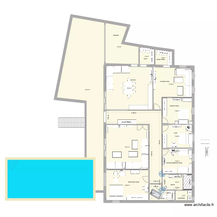 chez moi 23 sans les 1metre de pro. Plan de 14  et 305 m²