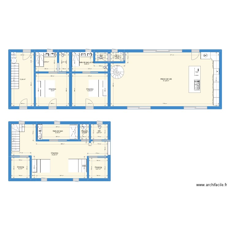 chambre longere. Plan de 15 pièces et 168 m2