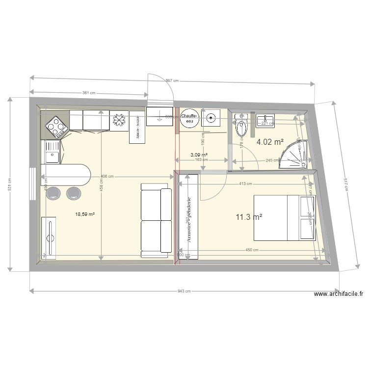Projet Larrat amélioration d'un appartement 37 m² . Plan de 3 pièces et 57 m2