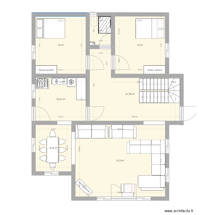 RDC 1. Plan de 7 pièces et 103 m2