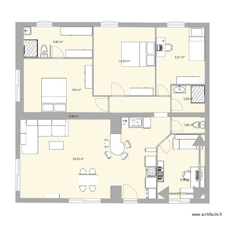 T6 logement six fours RDC. Plan de 10 pièces et 93 m2