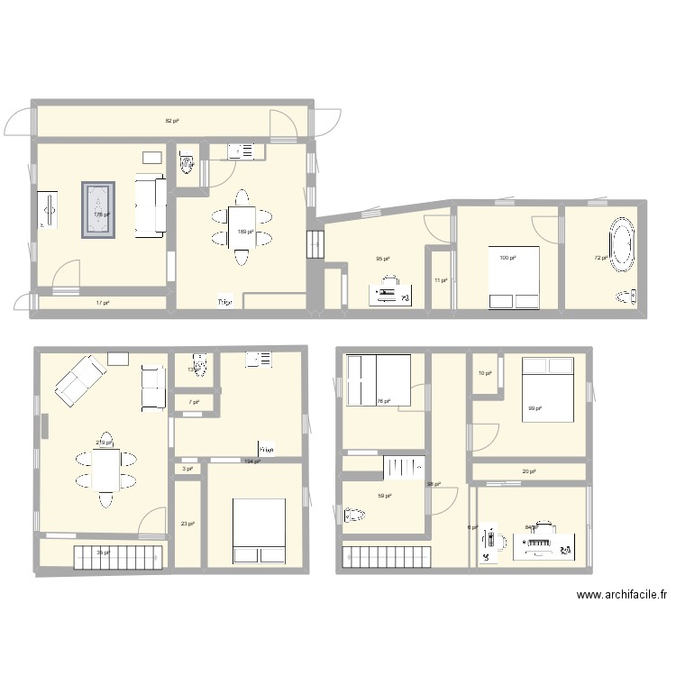 tourelle. Plan de 24 pièces et 158 m2
