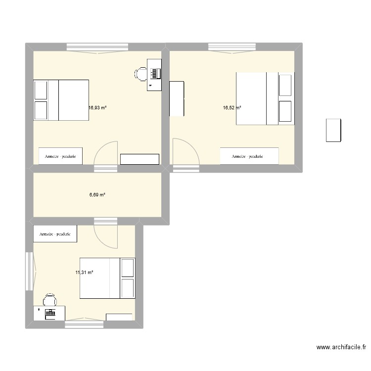 chambres. Plan de 4 pièces et 51 m2